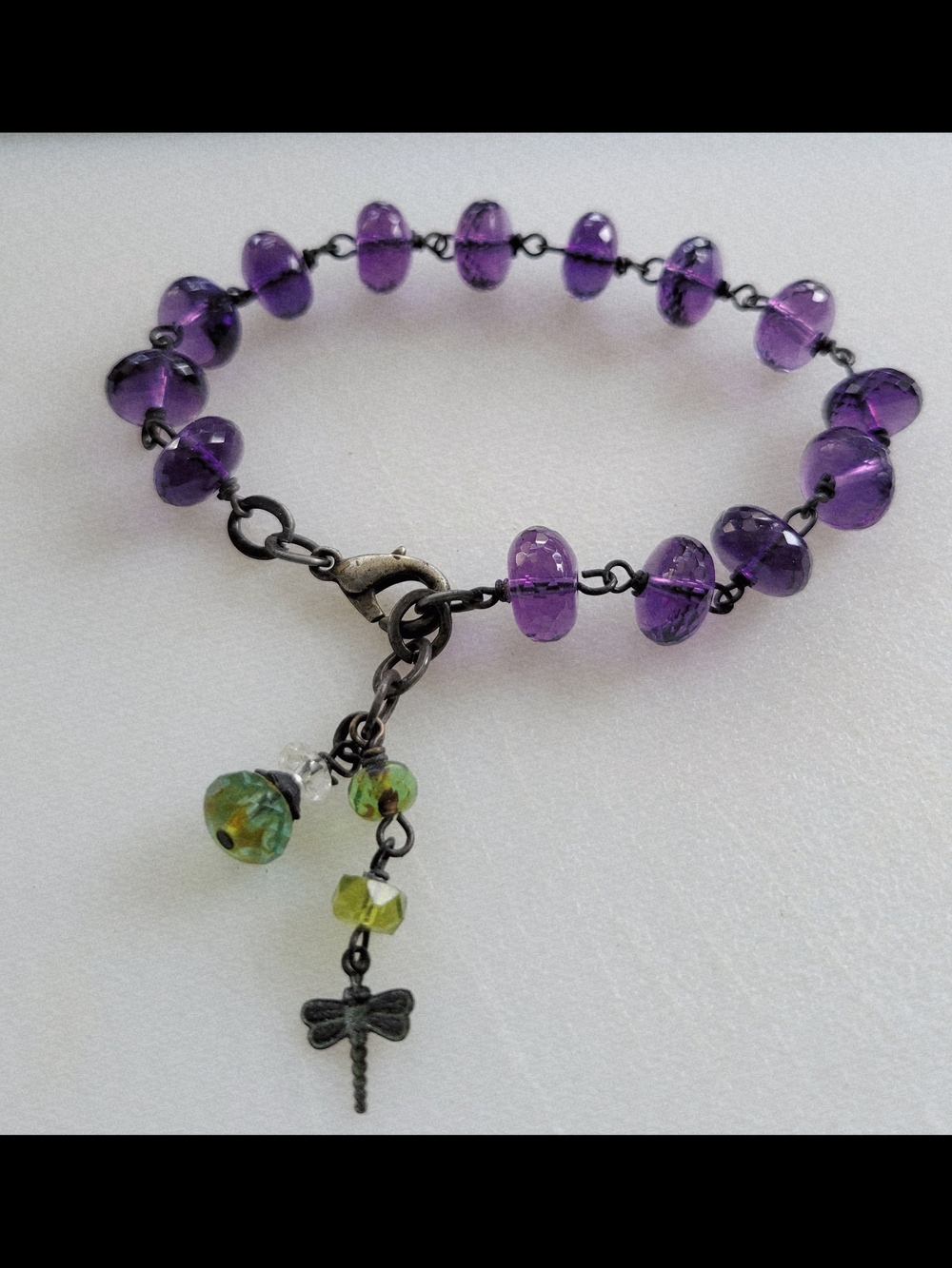 Purple Beaded Dragonfly Charm Bracelet - Unbranded
